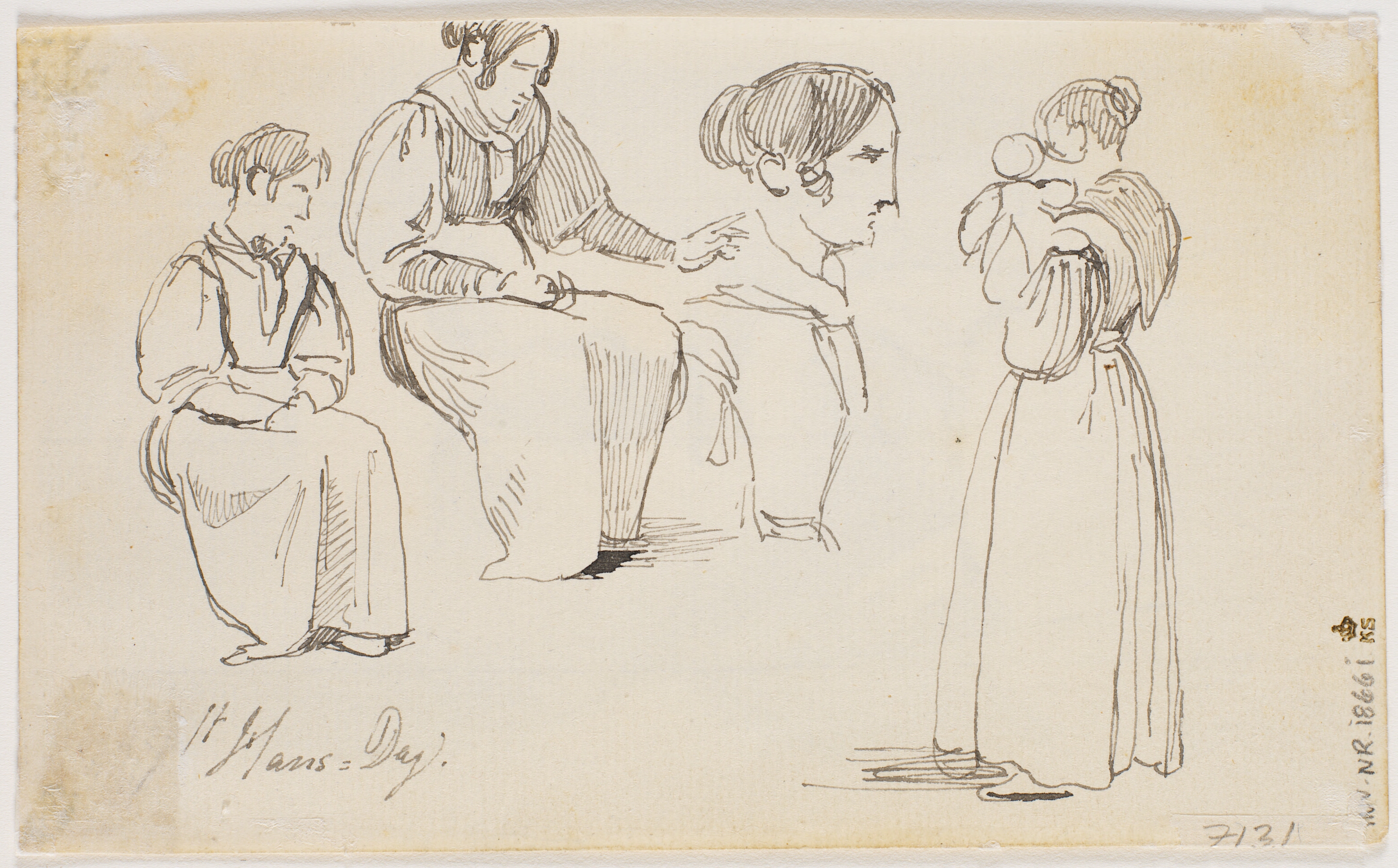 To studier af siddende kvinde, et studie af hendes hovede og et studie af en stående kvinde med barn